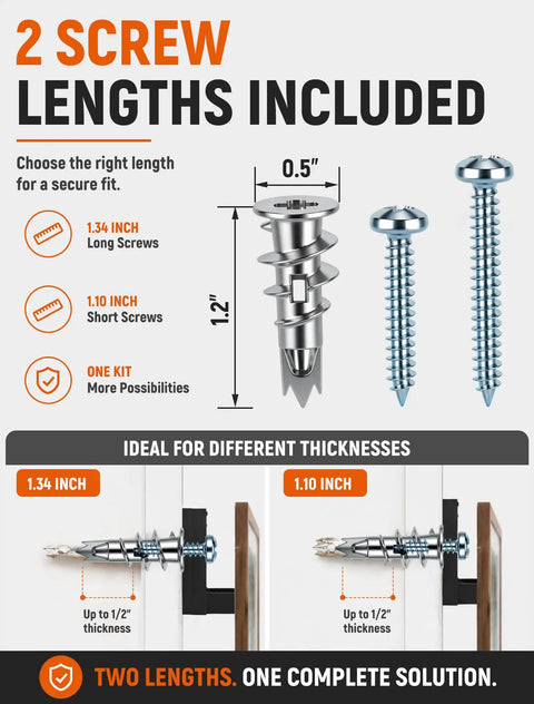 Heavy Duty Metal Self Drilling Drywall Anchors Featuring Dual Sized Screws; 1.34" long and 1.10" short screws for versatile installations.