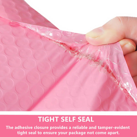 Close-up of someone sealing a pink bubble mailer showing the tight self-seal adhesive on a 3.5 by 5.9 inch bubble mailers 12 pack
