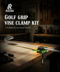 Golf Club Vise Clamp Station No Drill Regripping Kit with club secured on workbench in workshop setting