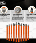 Dry Diamond Drill Bits Set 10 Piece 1/4 Inch Shank For Granite Marble Tile Ceramic Porcelain And Stone Includes Five Dry Diamond Bits And Five Carbide Bits Wax Cooled Core For Smooth Holes And Long Lasting Performance displayed upright with orange casing, showing various bit tips.