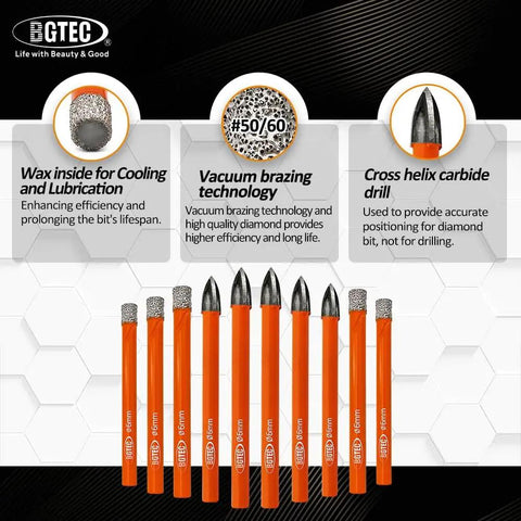 Dry Diamond Drill Bits Set 10 Piece 1/4 Inch Shank For Granite Marble Tile Ceramic Porcelain And Stone Includes Five Dry Diamond Bits And Five Carbide Bits Wax Cooled Core For Smooth Holes And Long Lasting Performance displayed upright with orange casing, showing various bit tips.