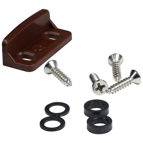 Grab This Slick Five Pack Of Concealed Push Button Drawer Locks For Cabinets And Cupboards Featuring Keyless Safety Latches To Keep Everything Locked Down Tight During Rv Motorhome Travel Large Size. Brown ABS latch with screws and washers.