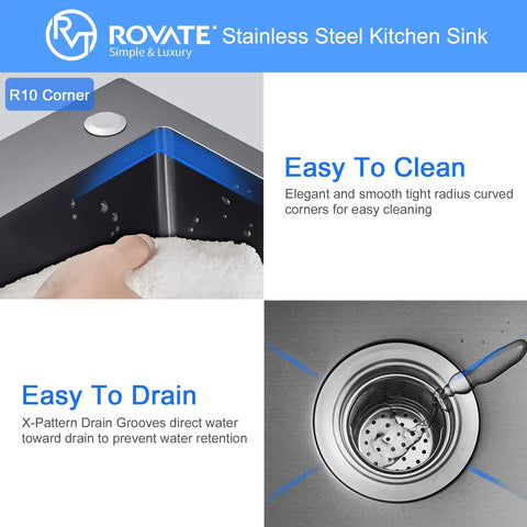 Detail of R10 corner and drain of the Drop In Topmount Kitchen Sink With Bold Black Nano Titanium Finish, 22 By 18 Inch, Single Bowl