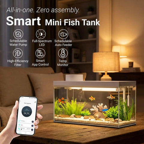 Top Tier Ready Slick Desktop Aquarium Kit With Smart App Control And Built In Auto Feeder 1.3 Gallon Small Fish Tank showing vibrant fish and plants.