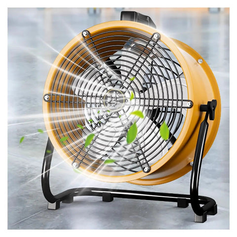 Heavy Duty Industrial Floor Drum Fan Rock Solid Steel Frame Kickin High Speed Airflow For Garage Workshop Jobsite And Warehouse Summer Cooling Operations in yellow with balanced blades and a sturdy base.