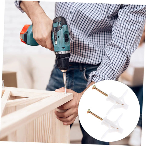 Man using drill with 100 Piece Aircraft Type Expansion Screws Set for Easy Self Tapping Drywall Anchors Kit in home DIY project