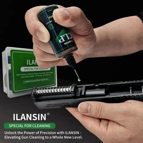 Applying CLP oil from 9mm Bore Cleaner And Pro Grade 5 Oz CLP Oil Gun Cleaning Kit to firearm slide with toolbox visible in background