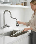 HURRAN Wall Mount Kitchen Faucet with Pull Down Sprayer, Brushed Nickel Kitchen Sink Faucet, 8 Inch 2 Handle in use.