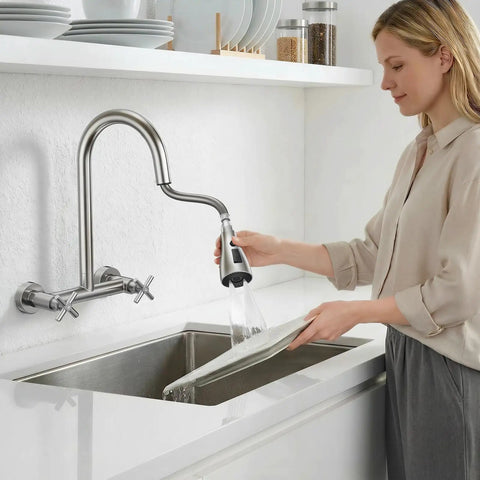 HURRAN Wall Mount Kitchen Faucet with Pull Down Sprayer, Brushed Nickel Kitchen Sink Faucet, 8 Inch 2 Handle in use.