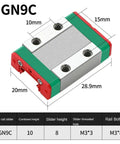 MGN9C linear rail slider for 3D printers and CNC machines, 29.9x20x15mm, with screw holes. High Precision Linear Rail For 3D Printers And CNC Machines MGN7 MGN9 MGN12 MGN15 Compatible 50mm To 1000mm Travel With Hardened Chrome Plated Or Nitrided Surfaces And Built In Wipers For Longer Life And Smooth Motion.