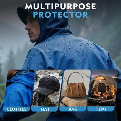 Waterproof Shoe Protector Spray With Nano Protection For Rain And Stain showcased protecting clothes, hat, bag, and tent.