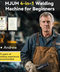 Older man in overalls with welding machine for MJUM 4-in-1 welding, certificates in background, recommended for beginners.