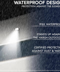 Heavy Duty LED Flood Lights Outdoor Four Pack No Fuss 3CCT Dimmable Security Lighting With Integrated Dusk To Dawn Sensor And Rock Solid IP65 Waterproof Build For Yards And Barns waterproof design image showing IP65 rating and weather resistance.