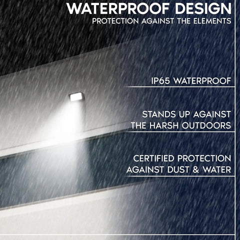 Heavy Duty LED Flood Lights Outdoor Four Pack No Fuss 3CCT Dimmable Security Lighting With Integrated Dusk To Dawn Sensor And Rock Solid IP65 Waterproof Build For Yards And Barns waterproof design image showing IP65 rating and weather resistance.