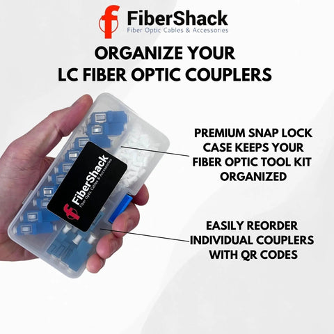 LC Fiber Optic Connector Kit with snap-lock case and 10 duplex LC couplers, 10 simplex LC connectors, 200 dust caps.