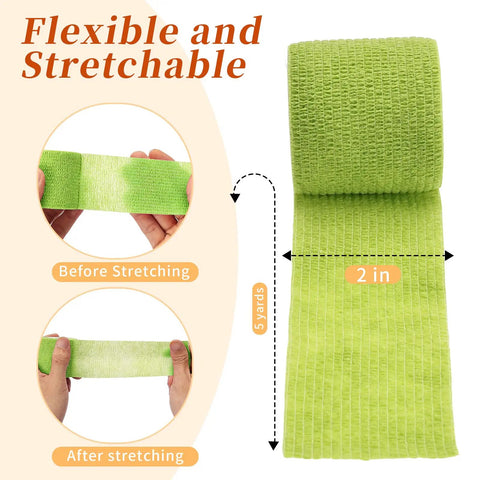 Flexible green roll of 24 Pack Self Adhesive Bandage Wrap 2 Inch Wide 5 Yard Long Cohesive Tape For Sports Medical Vet Wrap Pro Grade And Tattoo Care Multi Color Assorted Colors Perfect For Wrist And Ankle Support And Quick Easy Wrap showing stretchability demonstration.