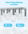 Top Tier Countertop Ice Maker Chilling Drinks On The Fly With Dual Size Bullet Ice Producing Over Twenty Six Pounds Daily Featuring Fast Six Minute Release showing 9 ice cubes ready.