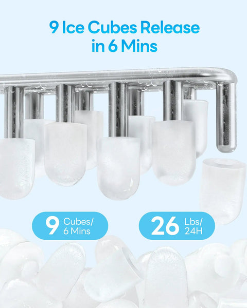 Top Tier Countertop Ice Maker Chilling Drinks On The Fly With Dual Size Bullet Ice Producing Over Twenty Six Pounds Daily Featuring Fast Six Minute Release showing 9 ice cubes ready.