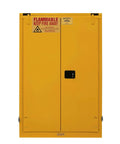 Solid As A Rock 90 Gallon Fm Approved Flammable Safety Cabinet With Self Closing Doors And Adjustable Shelves For Hazardous Chemicals Knockout Build Leakproof Base 34 By 43 By 65 Inches Yellow front view with flammable warning.