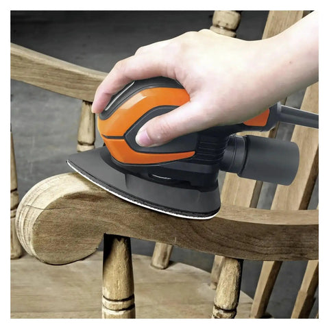 Person using Top Tier 20 Piece Mouse Sandpaper Set With 40 Grit Hook And Loop Velcro Backing For Orbital Sander on wooden chair.
