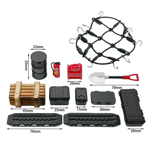 12 Piece Roof Decoration Kit For 1 By 18 TRX4M And 1 By 24 SCX24 Crawlers With Luggage Net, Recovery Boards, Fuel Tank, Tool Box, Fire Extinguisher, Shovel
