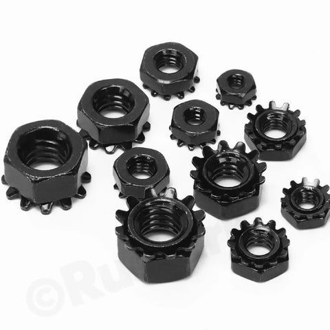 Assorted black hex nuts from Must Have Keps Lock Nut Kit 75Pcs 8 Sizes 304 Stainless Steel With External Tooth Washers for DIY projects.