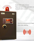 Front view of Fireproof And Waterproof Password Safe Box With Alarm System 60Cm Height Home Deposit Safe For Office, brown finish with keypad.