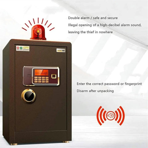 Front view of Fireproof And Waterproof Password Safe Box With Alarm System 60Cm Height Home Deposit Safe For Office, brown finish with keypad.