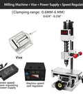 Badass Mini Bench Drill Press Kit With Smooth 24 Volt Seven Speed And Stepless Controller Digital Display showing milling machine, vise, power supply, and speed regulator.