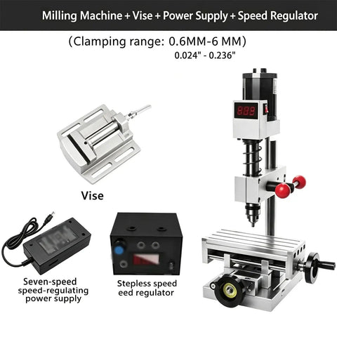 Badass Mini Bench Drill Press Kit With Smooth 24 Volt Seven Speed And Stepless Controller Digital Display showing milling machine, vise, power supply, and speed regulator.