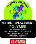 Graphical image highlighting metal replacement polymer benefits: self-lubricating, corrosion-resistant, with lifetime warranty.