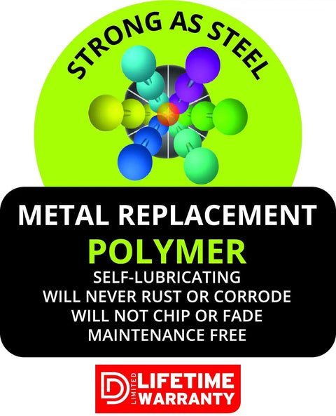 Strong as Steel Metal Replacement Polymer label showing self-lubricating features and lifetime warranty details.
