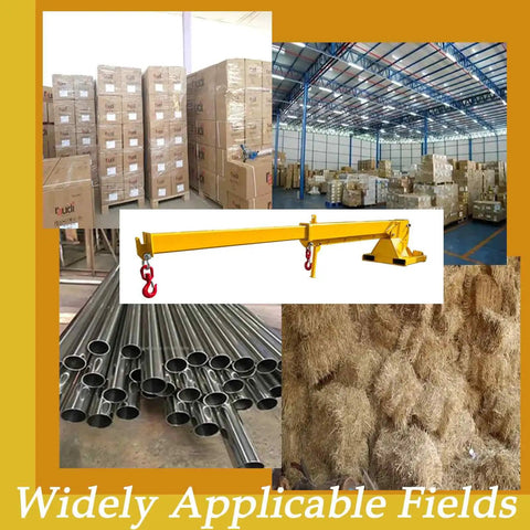 Pro Grade Forklift Telescopic Boom Jib Crane Hoist 4400 Lb Capacity with boxes, pipes, and hay bales in a warehouse setting.