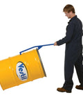 Heavy Duty Steel Manual Drum Upender With Long 41 Inch Handle For Tipping Horizontal Barrels Smoothly Without Dents shown in use.