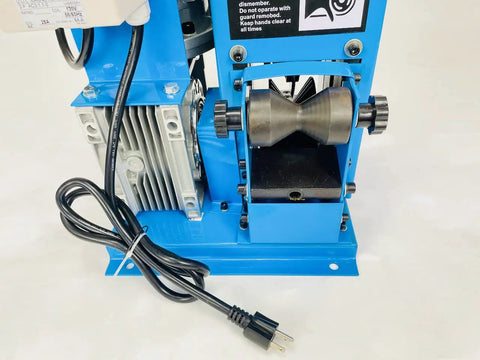Close-up of Beast Mode Model 60 Copper Wire Stripping Machine With 2HP 120V Motor, showing blue steel frame and blade area.