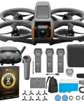 Avata 2 FPV Drone Fly More Combo With 3 Batteries, 4K Camera, FPV headset, controller, backpack, and accessories displayed.