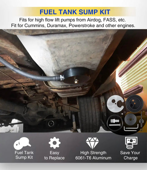 Fuel Tank Sump Kit for High Flow Lift Pumps Keeps Every Last Drop In, installed on underside of diesel truck.