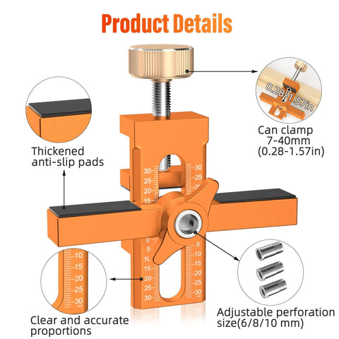 2-In-1 Cabinet Door Mounting Jig With Adjustable Positioner, Aluminum Alloy Leveling Tool, anti-slip pads, drill bits shown