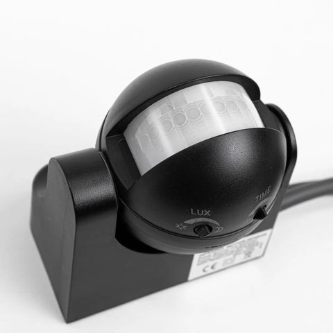 Outdoor Motion Sensor Light Socket To Outlet Adapter With About 3 Ft Extension Cord E26 Screw Base IP44 Waterproof Auto Detect PIR Switch Turns Porch Lights On When Motion Is Detected And Off When No Movement, black sensor unit close-up