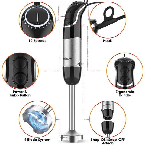 Heavy Duty Corded Hand Blender With Knockout Copper Motor And Twelve Speed Settings Plus Quick Pulse Turbo features 12 speeds and ergonomic handle.
