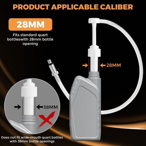 Lower Unit Gear Oil Pump For Standard Quart Bottles With 28mm Caps, 10cc Per Stroke, Three Eighths Inch Metal Swivel, showing compatibility with 28mm bottle opening