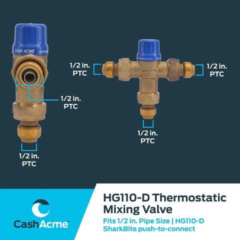 Thermostatic Mixing Valve 1/2 Inch HG110-D With SharkBite Union Connections for brass plumbing, delivers safe 120 F water.