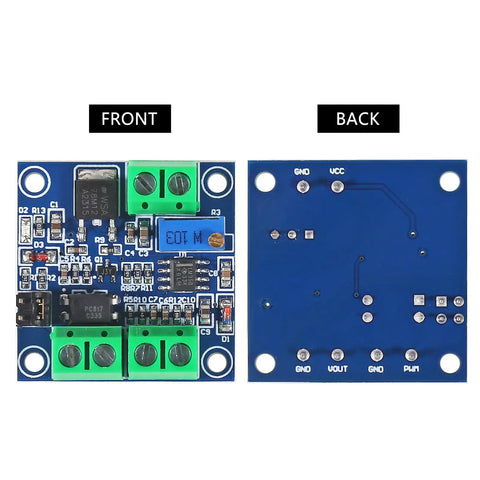 Front and back view of Plug And Play PWM To 0 To 10V Voltage Converter Module For PLC Interfaces 15 To 30V DC.