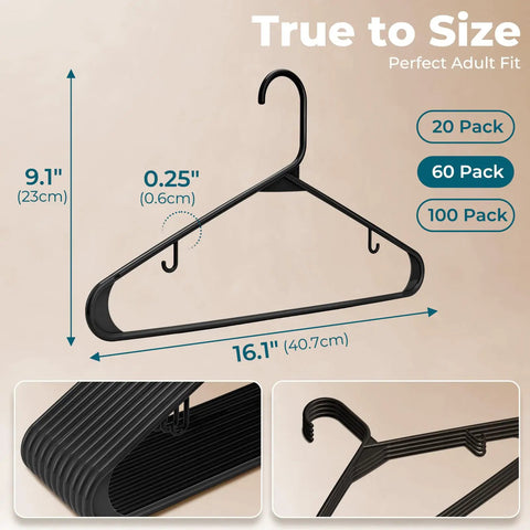 Heavy Duty Slim Closet Hangers 60 Pack Black Plastic Storage, Non Slip J Hook Keeps Delicate Straps Locked Down Tight, Space Saving Design For Cramped Wardrobes, Solid Garment Organizer Game Changer