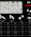 Four Box Hex Spacer Kit M2 0.5 M3 M4 Non Conductive White Nylon Insulated Hex Standoffs For Drones Quadcopters And PCBs Spacer Column Screws Nuts Washers Assortment 445 Pieces kit with M4 nylon standoffs, nuts, washers, and screws in organizer box
