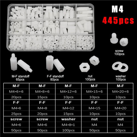 Four Box Hex Spacer Kit M2 0.5 M3 M4 Non Conductive White Nylon Insulated Hex Standoffs For Drones Quadcopters And PCBs Spacer Column Screws Nuts Washers Assortment 445 Pieces kit with M4 nylon standoffs, nuts, washers, and screws in organizer box