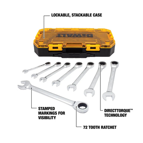 Rugged Tough Box 8 Piece SAE Ratcheting Wrench Set With Full Polish Chrome, 72 Tooth Ratchet in open lockable case layout