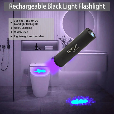 4 Pack Rechargeable UV Blacklight Flashlights 365nm And 395nm Mini LED Handheld Torches USB C Charging shown illuminating pet stains in bathroom