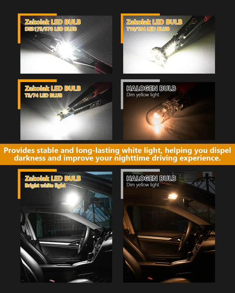 Comparison of LED vs halogen car interior bulbs with 24 Piece LED Interior Car Light Kit With Ultra Bright 6500K White Bulbs for visibility