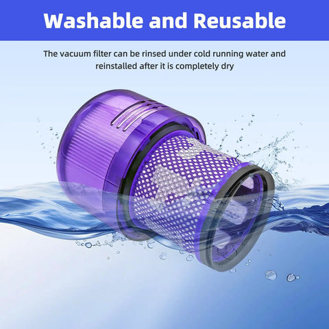 Two Pack Dyson V11 And V15 Vacuum Filter Replacements For V11 Torque Drive V11 Animal V11 Absolute V11 Complete V15 Detect And V15s Detect Models Keeps Suction Strong And Airflow Clean With Easy Plug And Play Install, washable filter shown immersed in water